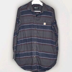 Carhartt Shirt Women's Size Large Gray Stripe Flannel Long-Sleeve Pocket Shacket